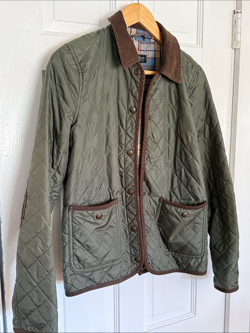 Topshop Olive Green Quilted Jacket with Brown Corduroy Collar